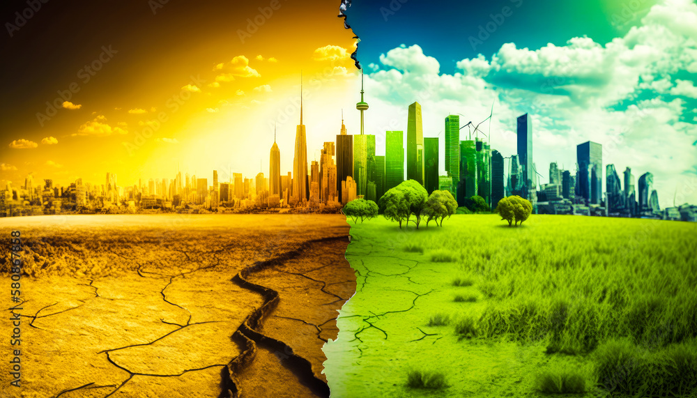 Poster an image of the earth with city on one side and grass on the other. the challenge of adopting change