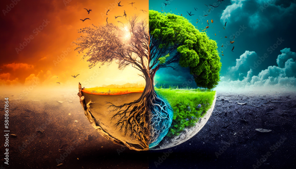 Aufkleber two halves of the earth with tree in the middle. the challenge of adopting change to address climate