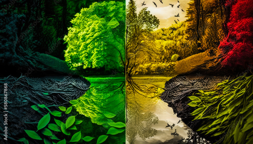 Aufkleber four different colors of trees with birds flying over them. the challenge of adopting change to addr