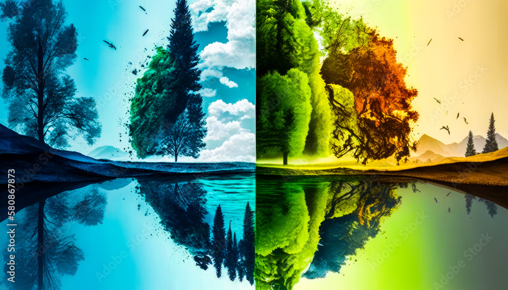 Aufkleber four different colors of trees in the middle of body of water. the challenge of adopting change to a