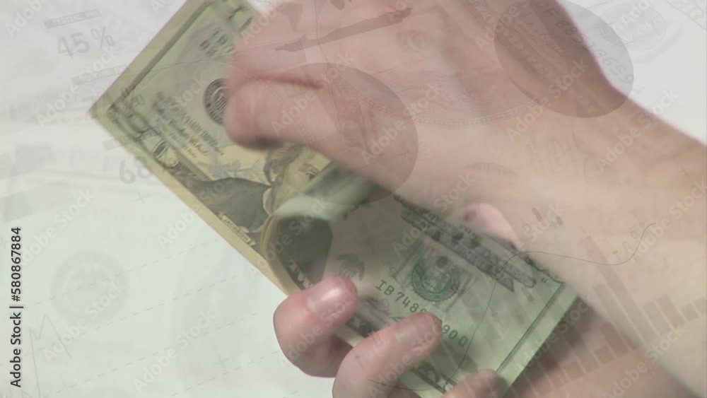 Poster animation of data processing and dices over hands counting american dollar banknotes