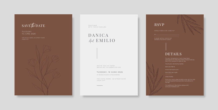 Simple Brown and white wedding card template. Simple and minimalist wedding card template. trendy modern wedding invitation template.