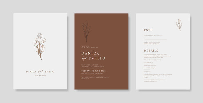 Brown and white wedding card template. Simple and minimalist wedding card template. trendy modern wedding invitation template.