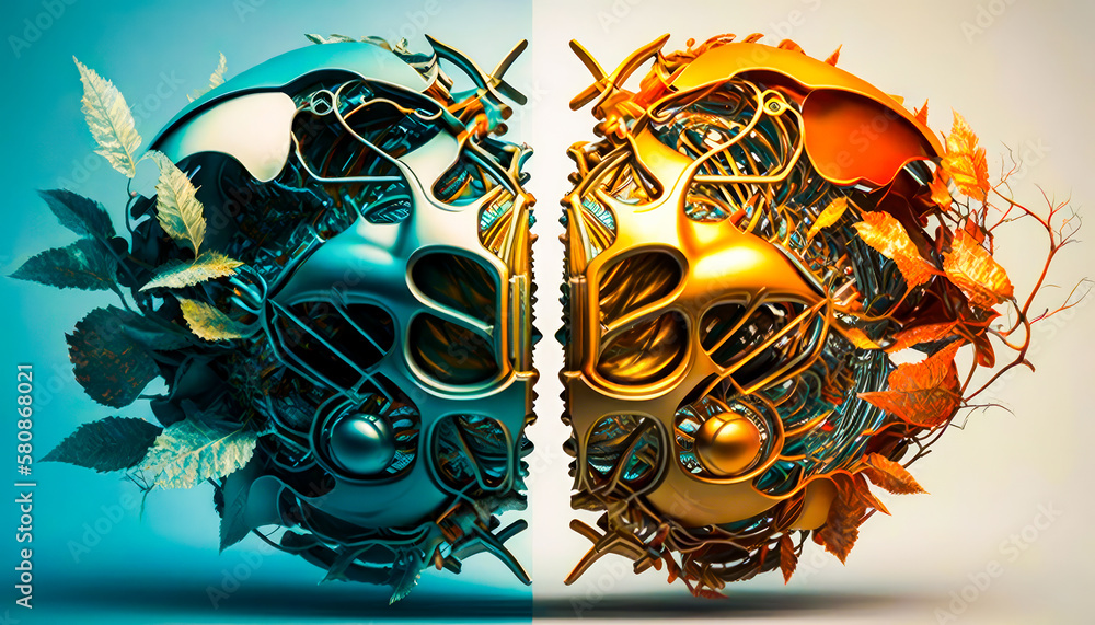 Poster digital art selected for the. organic and technological figures are mixed. generative ai.