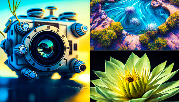 Collage of photos with water lilies and camera. Technology and Nature. futuristic tools as an aid to life. Generative AI.