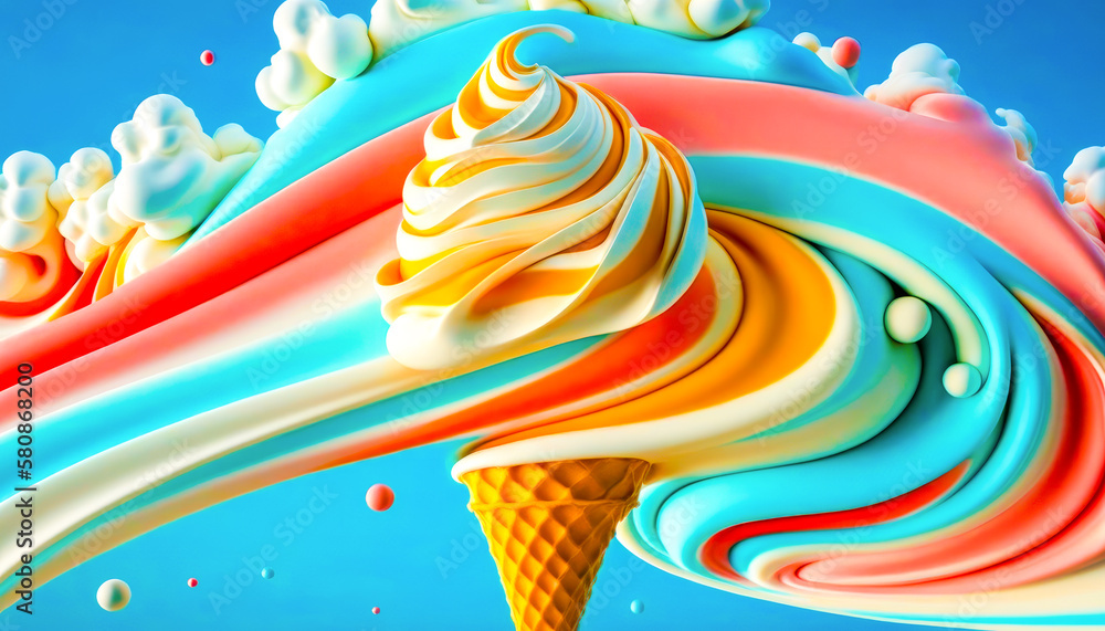 Poster an image of an ice cream cone with colorful swirls. generative ai.