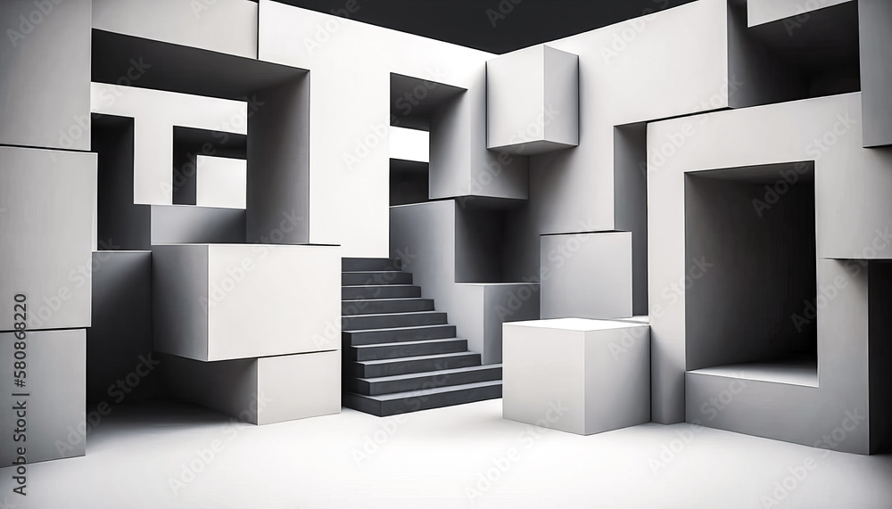 Poster an empty room with white cubes and stairs. generative ai.