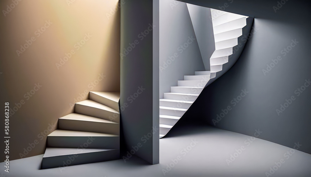 Poster staircase in an empty room with light coming from it. generative ai.