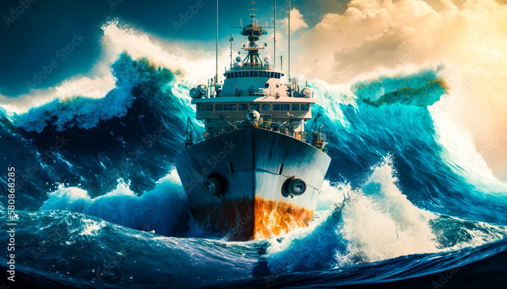 Poster ship in the middle of large wave. generative ai.