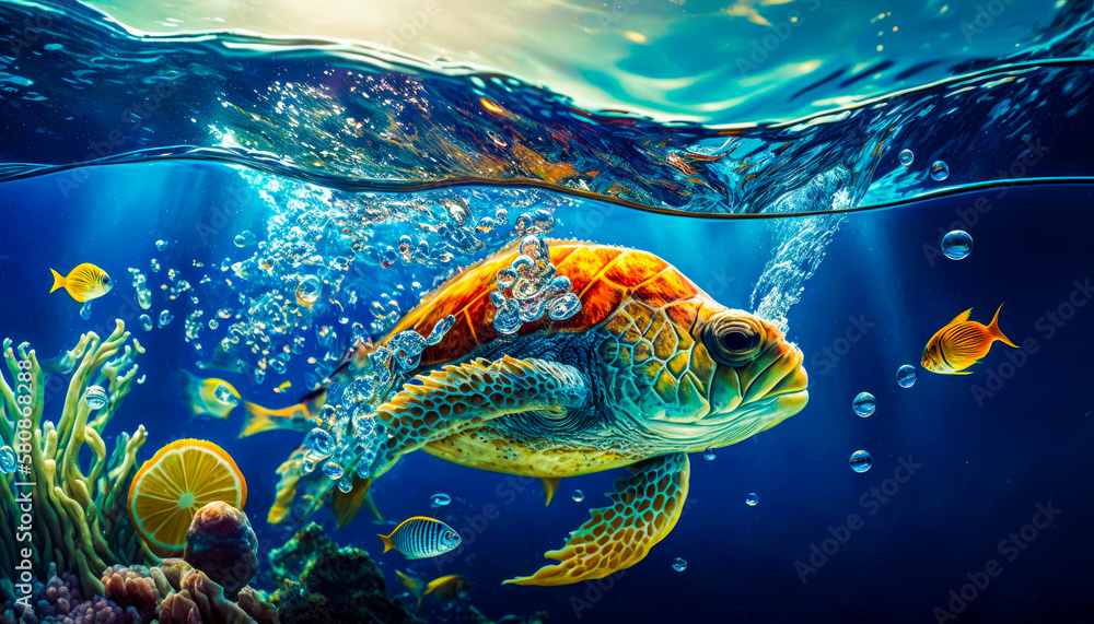 Poster an underwater scene with turtle and fish. use of ocean resources. generative ai.