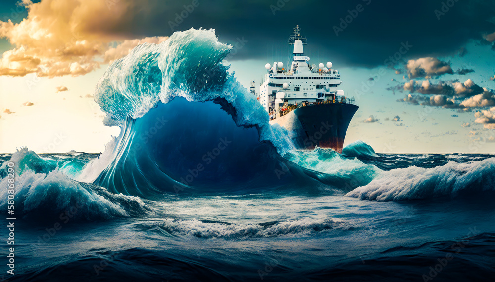 Poster ship in the middle of large wave. use of ocean resources. generative ai.
