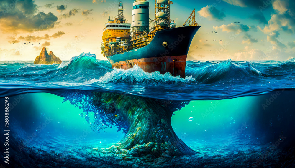 Poster an oil tanker floating in the ocean. use of ocean resources. generative ai.