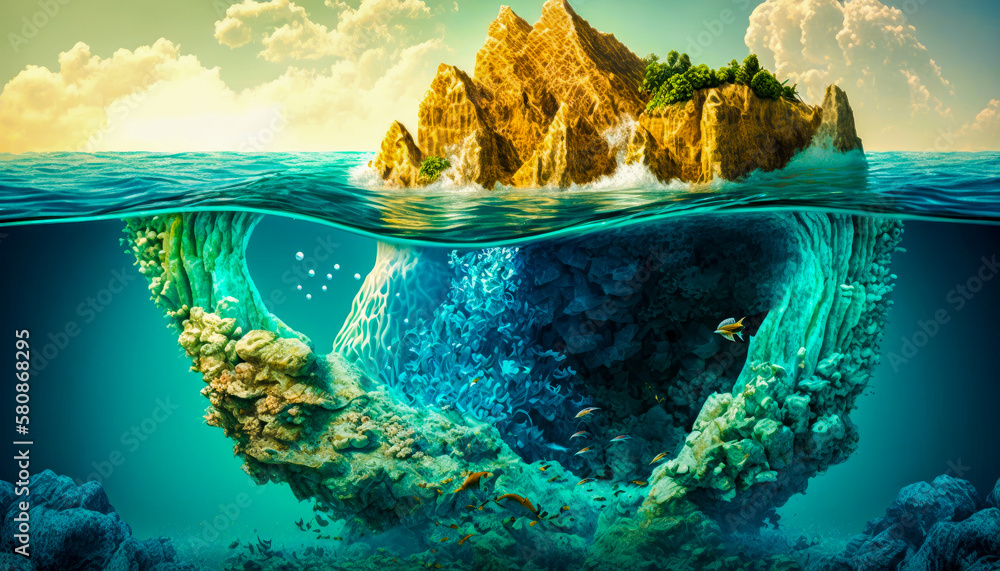 Poster an island in the middle of the ocean with coral and rocks. use of ocean resources. generative ai.