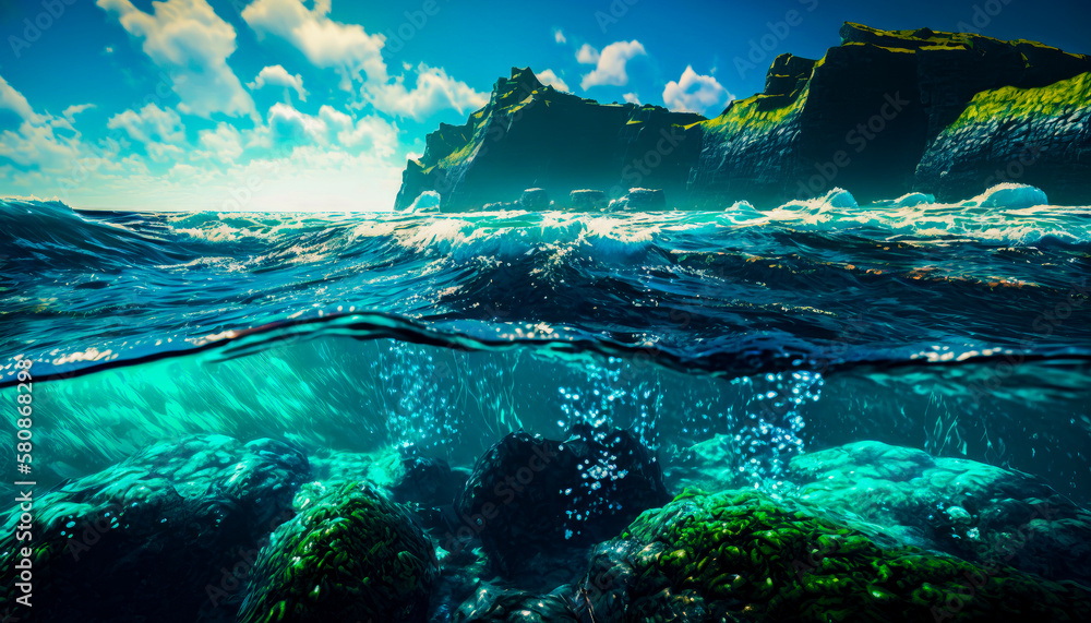 Poster an underwater view of the ocean and rocks. use of ocean resources. generative ai.