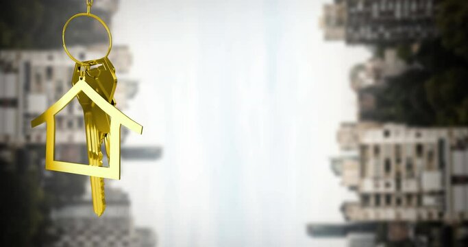 Animation of gold house key and fob over out of focus cityscape