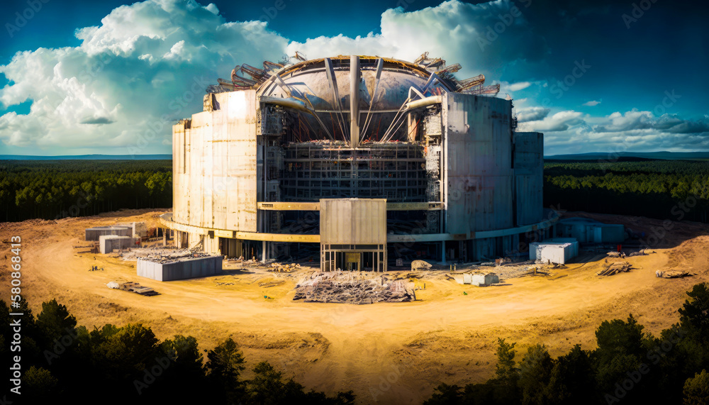Poster an image of large building in the middle of forest. construction of the international thermonuclear 