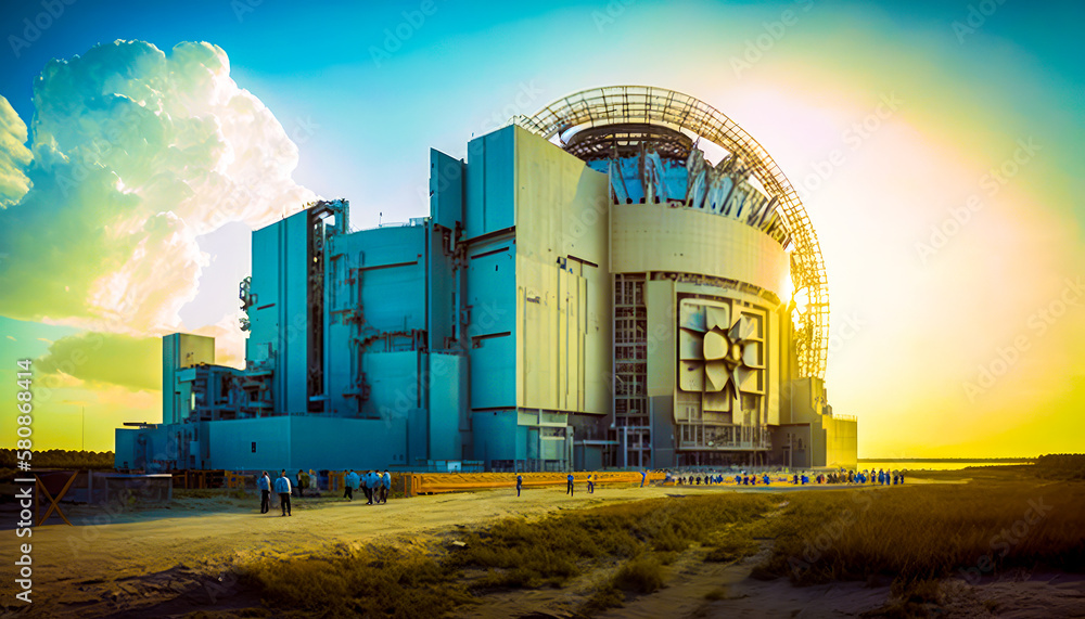 Poster an image of large building with the sun setting behind it. construction of the international thermon