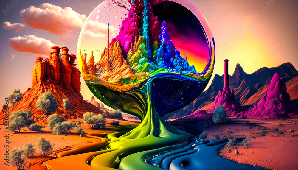 Poster an image of colorful landscape with an egg shaped object in the middle. the supply of mankind with r