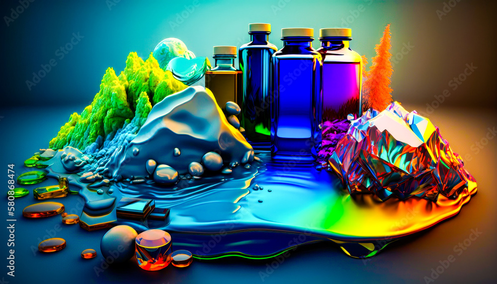 Aufkleber an image of colorful bottles and other objects on top of mountain. the supply of mankind with resour