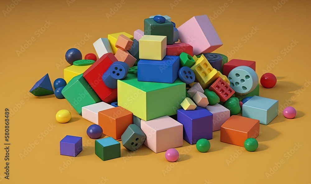 Poster a pile of colorful blocks and balls on a yellow background. generative ai
