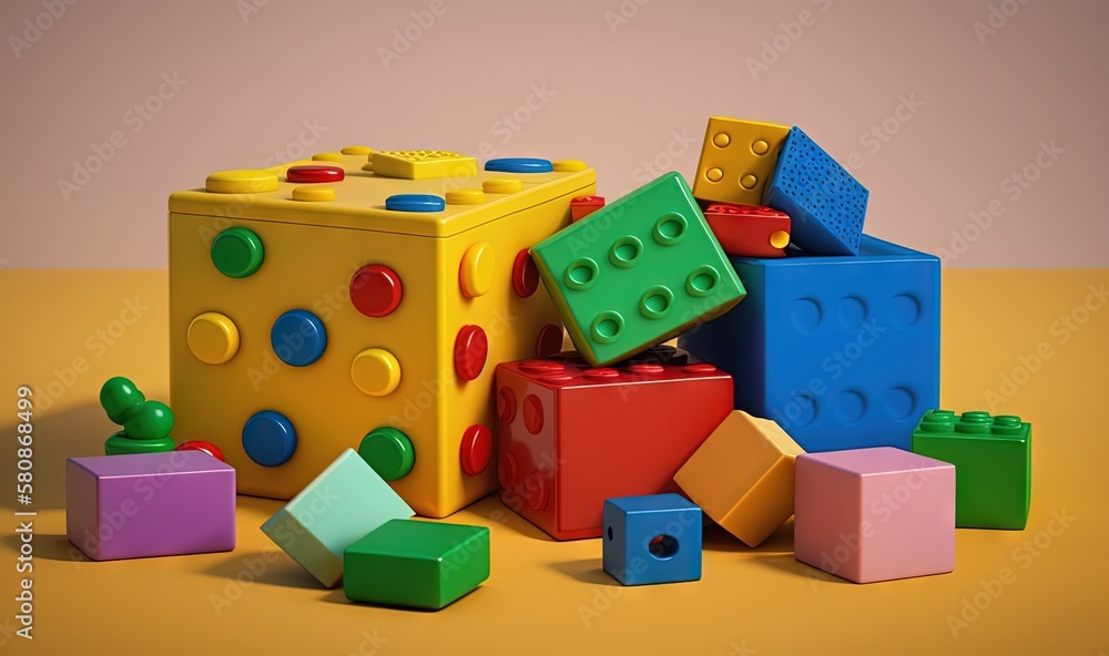 Poster a pile of colorful blocks and toys on a table with a pink background. generative ai