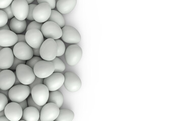 Many farm raw organic white chicken eggs background from local market