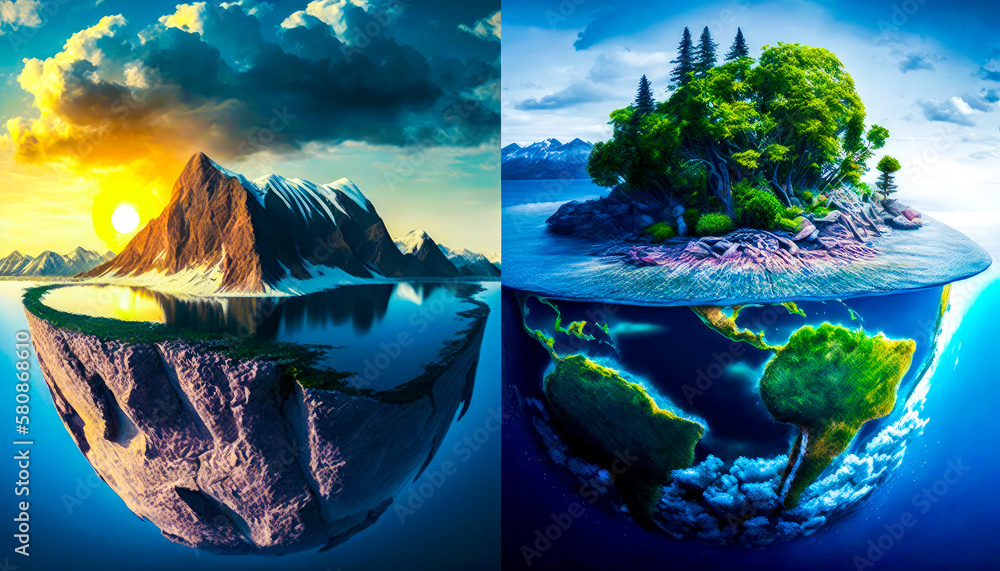 Poster three different images of an island with trees and water. global warming ozone holes greenhouse effe