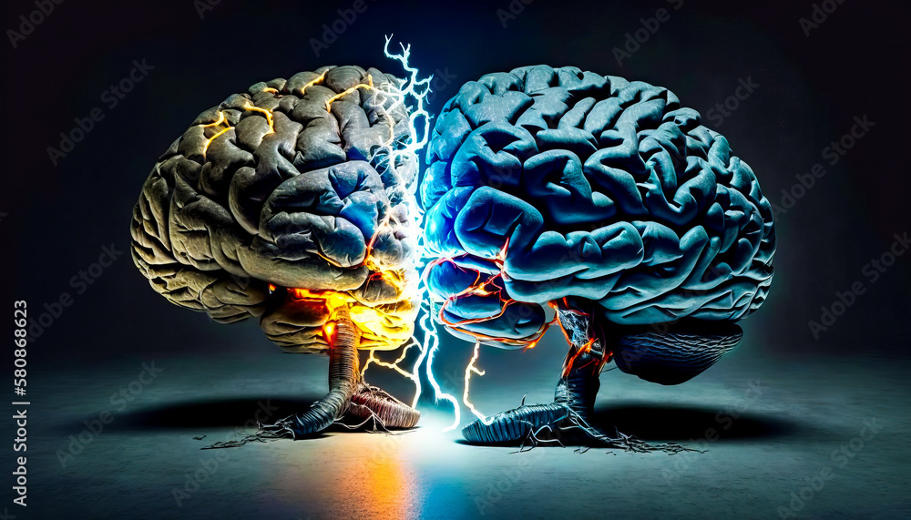 Poster an image of two brains, one with lightning bolt coming out of it. generative ai.
