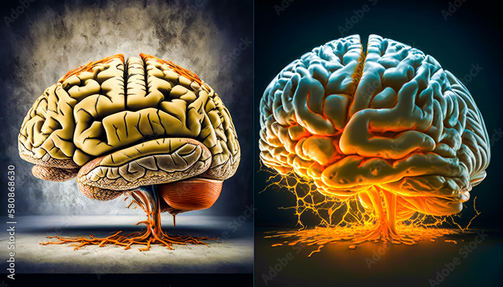 Poster two images of the human brain, one with roots and the other without. generative ai.
