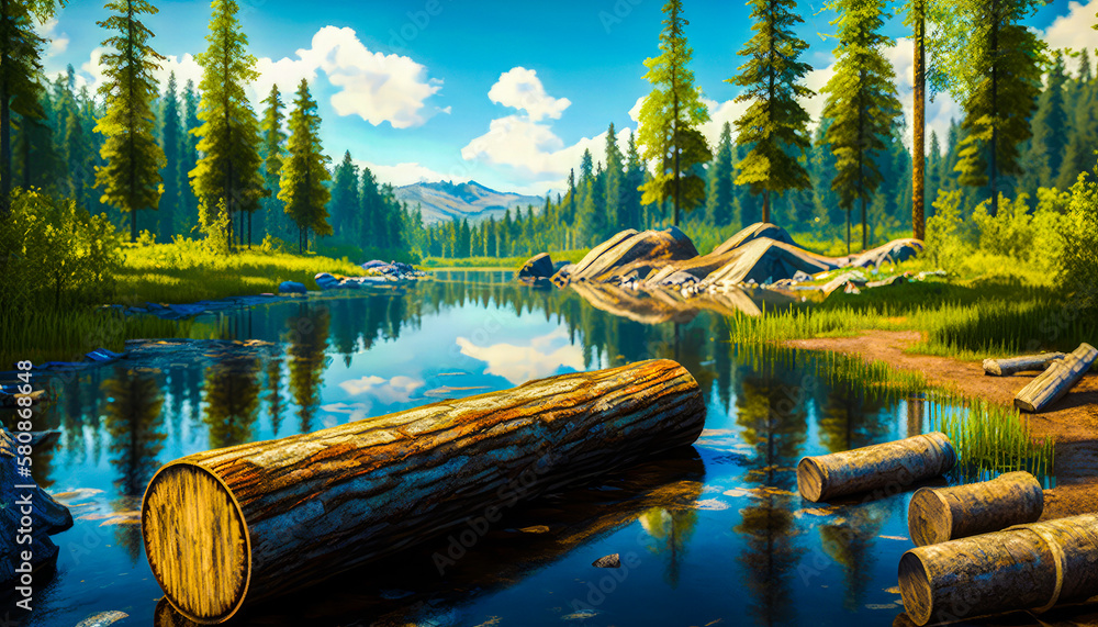 Poster painting of forest with logs floating in the water. dwindling natural resources . generative ai.