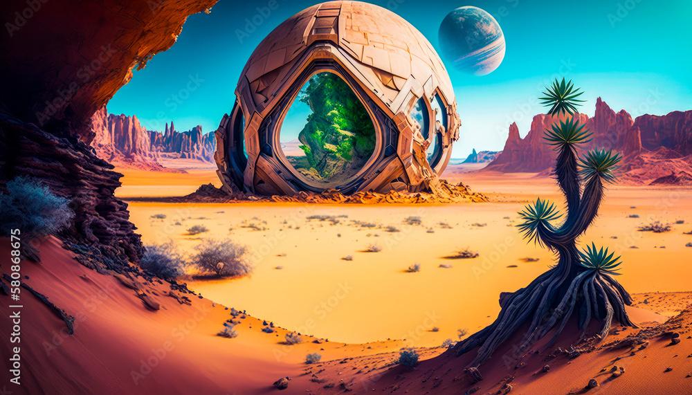 Poster desert landscape with an alien spaceship in the middle. generative ai.