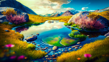 Fototapeta na wymiar Beautiful landscape with small pond and flowers. Generative AI.
