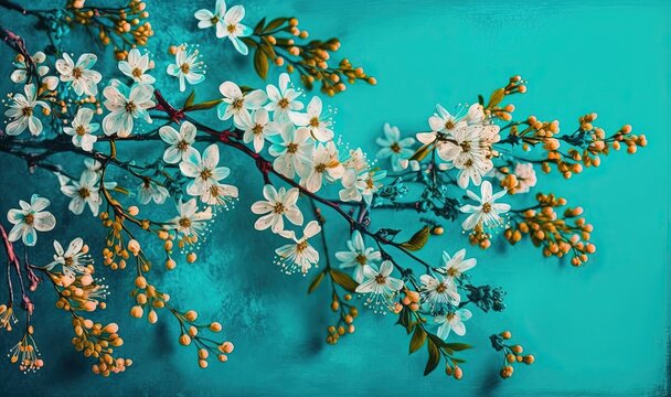  a painting of white flowers on a teal blue background.  generative ai
