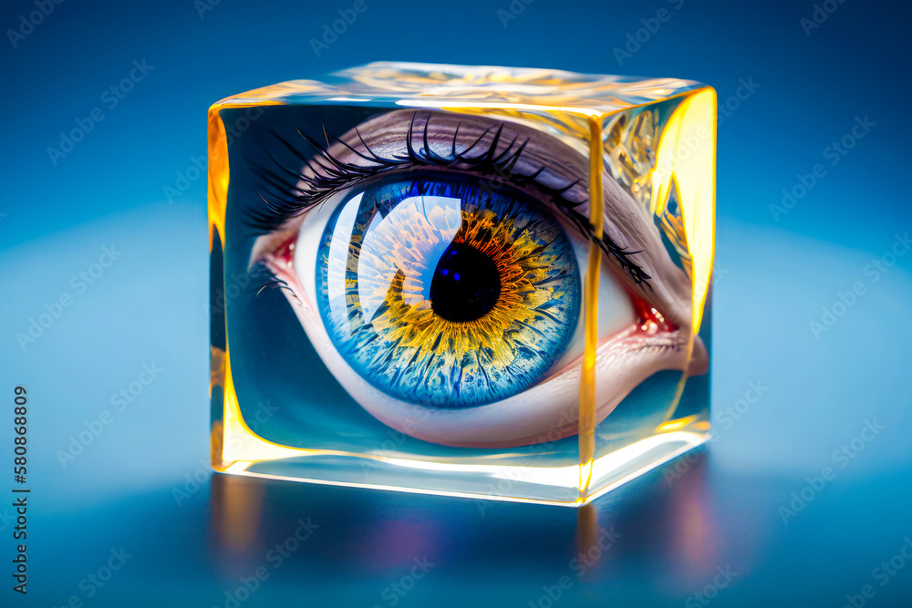 Poster glass cube with an eye on it. generative ai.