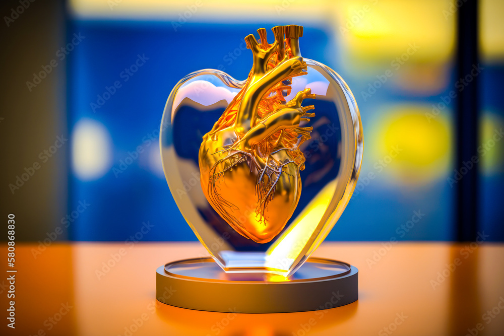 Poster golden heart on table in front of window. generative ai.