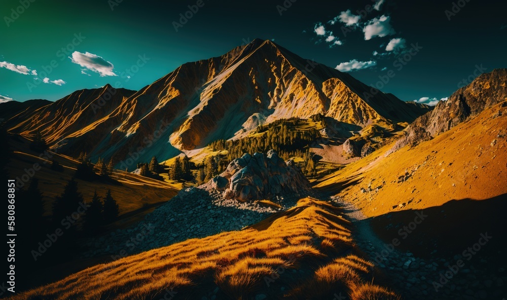 Poster a mountain range with a few trees on the side of it. generative ai