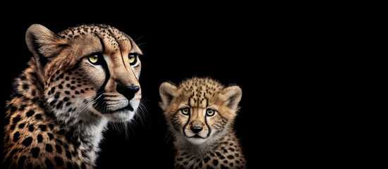 Naklejka premium Portrait of a wildcat cheetah and her baby on black background. Image created with generative ai.