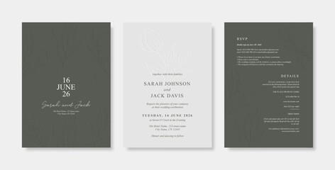 Elegant engraved wedding card template. Simple and minimalist wedding card template. trendy modern wedding invitation template.