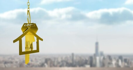 Animation of golden house model with key over defocused aerial view of skyscrapers under cloudy sky - Powered by Adobe