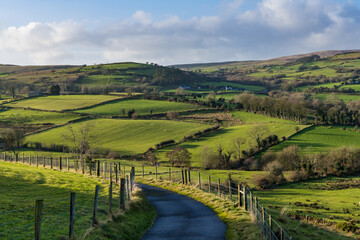 Road curving through green fields and hills in the Glens of Antrim