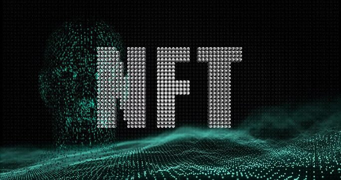 Animation of nft text over dots forming human face and waves against black background