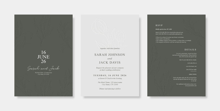 Elegant engraved wedding card template. Simple and minimalist wedding card template. trendy modern wedding invitation template.