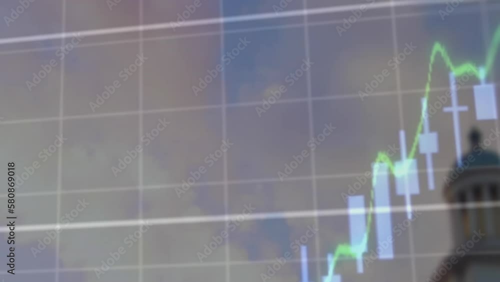 Poster animation of financial data processing over grid and cityscape