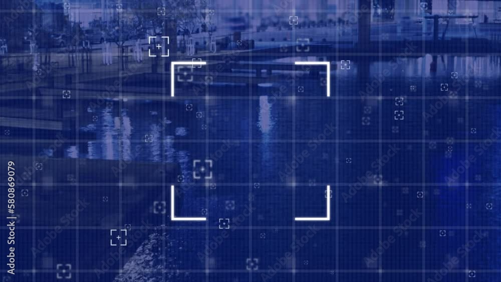 Poster animation of financial data processing with marker over grid and cityscape