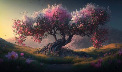  a painting of a tree in a field with flowers on it.  generative ai
