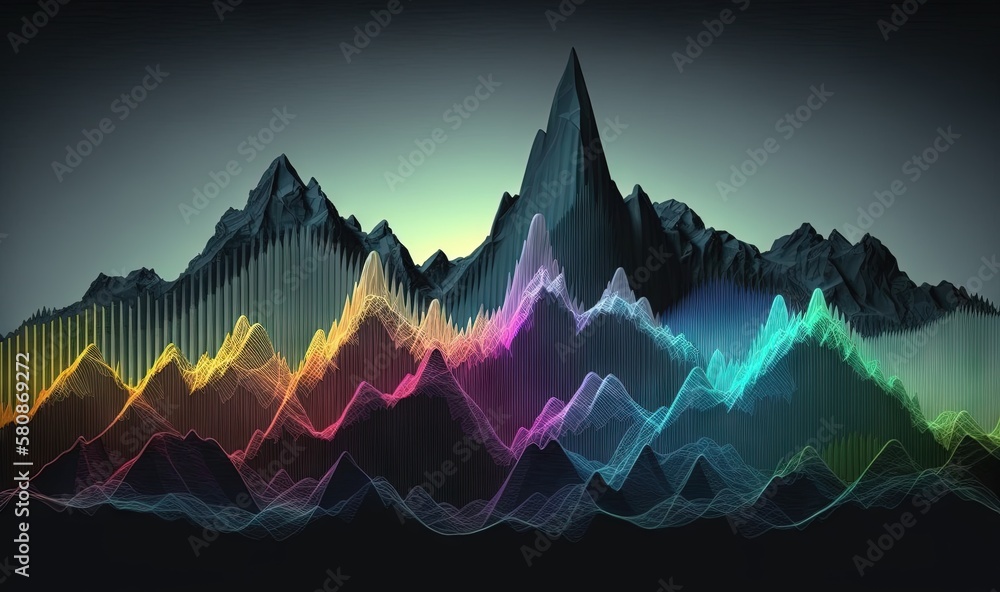 Poster a mountain range with a rainbow colored line of mountains in the background. generative ai