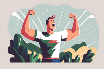 Flat vector illustration Young man cheering with open arms 