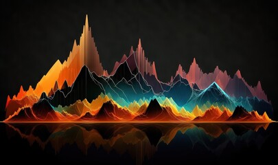  a colorful mountain range with a reflection in the water on a black background.  generative ai