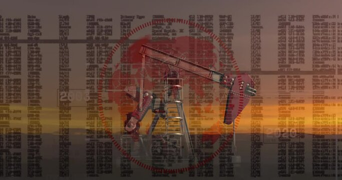 Animation of financial data processing over oil rig at sunset