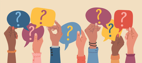 Human hands holding speech bubbles with questions marks. FAQ and questions concept. Hand drawn vector vector illustration isolated on light background. Modern flat cartoon style.